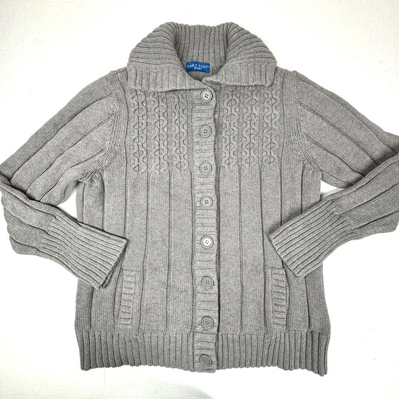 Karen Scott Sport Gray Cable Knit Cardigan Sweater Medium Grandpa Shawl Cozy EUC - Picture 1 of 8